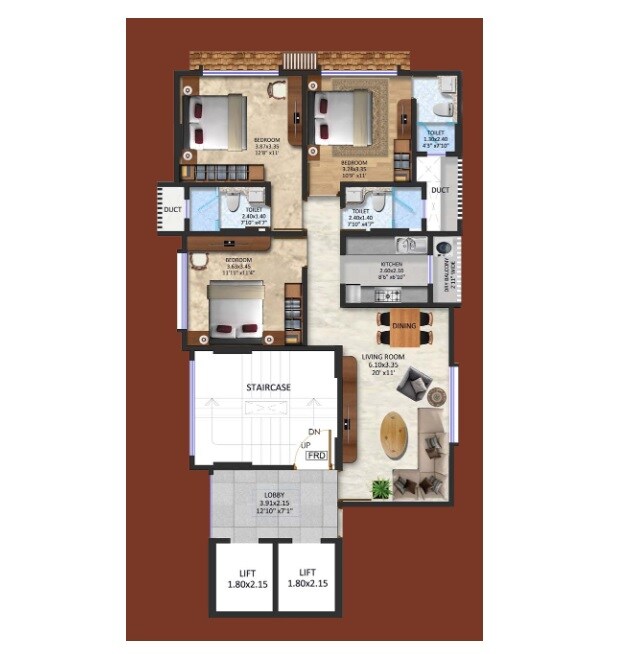 Floor plan of 3 BHK 883 Sq. Ft. Apartment in Shri Sati Girivan Shiv Kunj, Mumbai