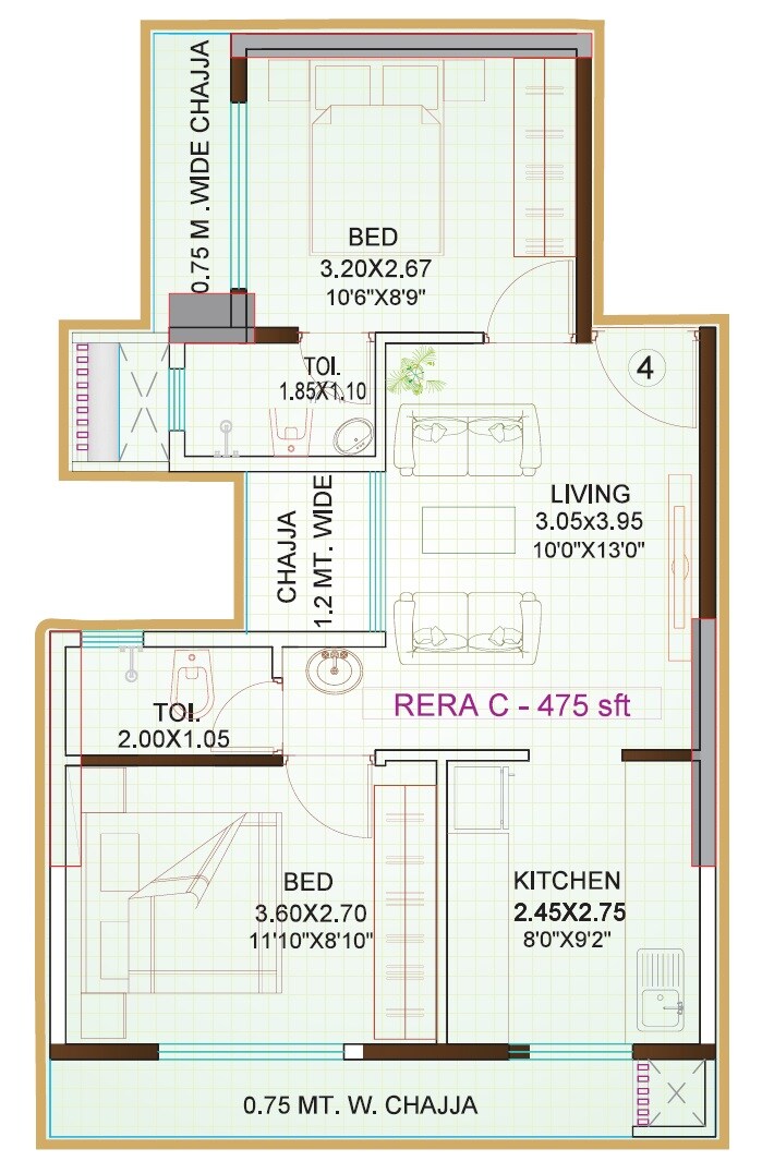 2 BHK 475 Sq. Ft. Apartment