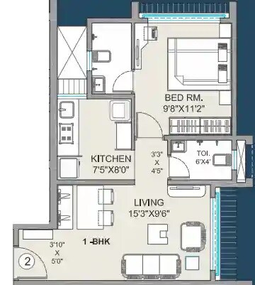 Floor plan of 1 BHK 416 Sq. Ft. Apartment in Shrisai Om Sai Sadan, Mumbai