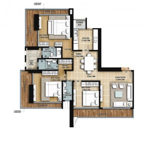 Floor plan of 3 BHK 1131 Sq. Ft. Apartment in Shristi Sea View, Mumbai