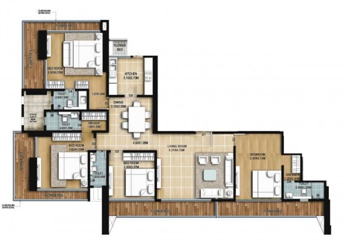 Floor plan of 4 BHK 1442 Sq. Ft. Apartment in Shristi Sea View, Mumbai