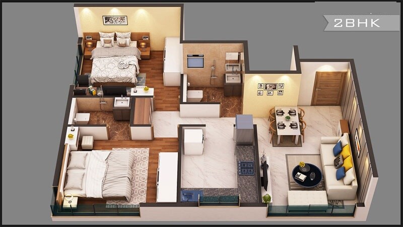 Floor plan of 2 BHK 566 Sq. Ft. Apartment in Shubh Elanza, Mumbai