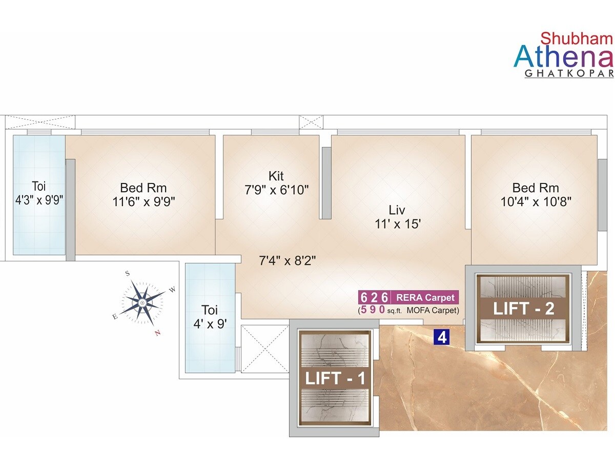 Floor plan of 2 BHK 626 Sq. Ft. Apartment in Shubham Athena, Mumbai