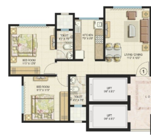 Floor plan of 2 BHK 624 Sq. Ft. Apartment in Shubham Sarayu, Mumbai