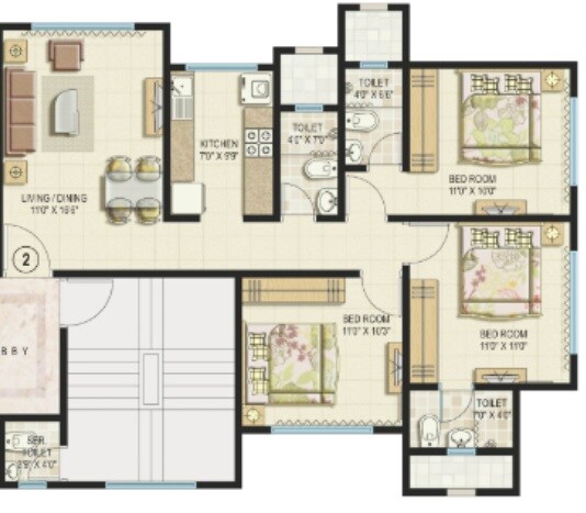 Floor plan of 3 BHK 748 Sq. Ft. Apartment in Shubham Sarayu, Mumbai