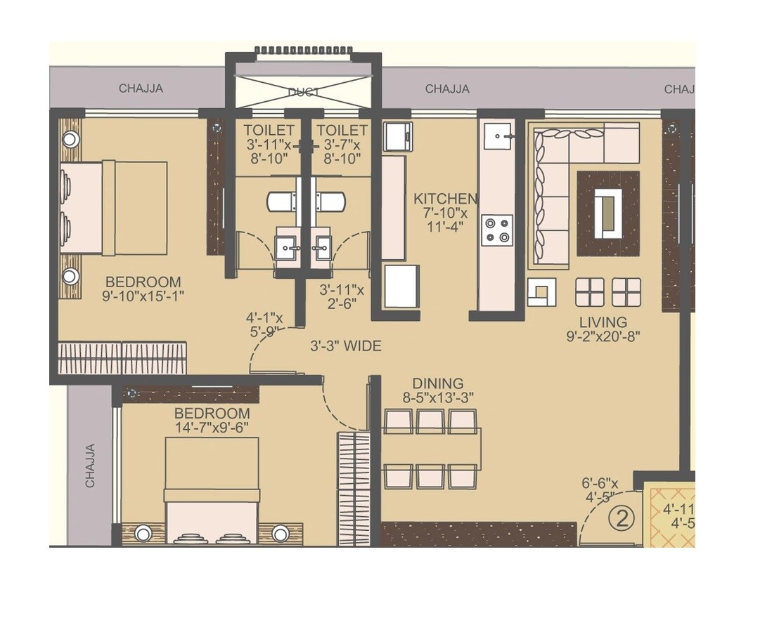 Floor plan of 2 BHK 866 Sq. Ft. Apartment in Shubham Seychelles, Mumbai