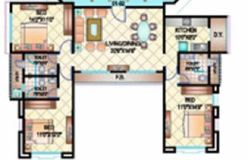 Floor plan of 3 BHK 1200 Sq. Ft. Apartment in Shubham Sri Kalpana Padma Tower, Mumbai