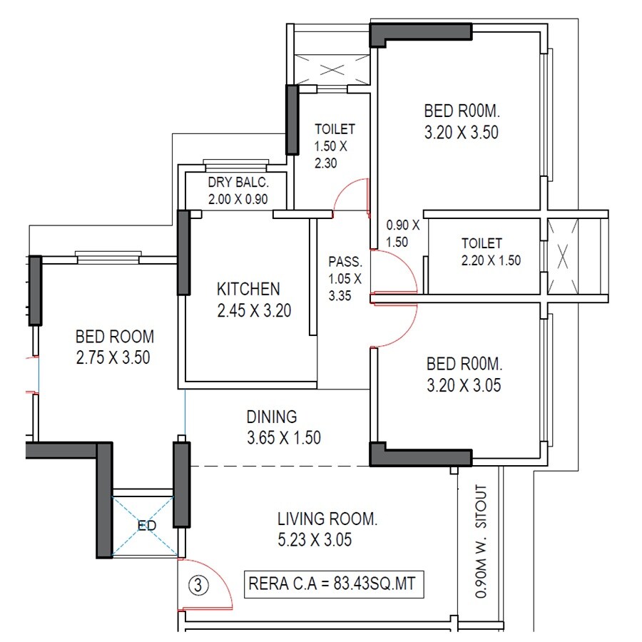 Floor plan of 3 BHK 898 Sq. Ft. Apartment in Shubhjivan Sianna Heights, Mumbai