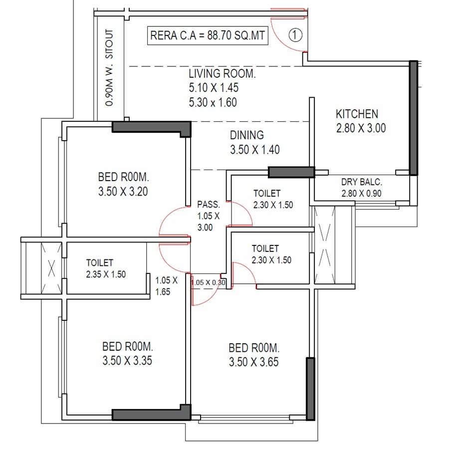 Floor plan of 3 BHK 955 Sq. Ft. Apartment in Shubhjivan Sianna Heights, Mumbai