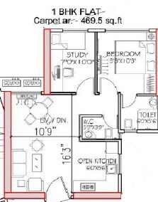 Floor plan of 1 BHK 469 Sq. Ft. Apartment in Siddha Seabrook, Mumbai