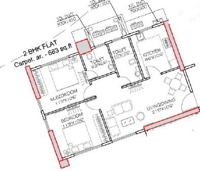 Floor plan of 2 BHK 683 Sq. Ft. Apartment in Siddha Seabrook, Mumbai