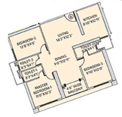 Floor plan of 3 BHK 942 Sq. Ft. Apartment in Siddha Seabrook, Mumbai