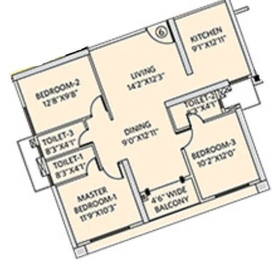 Floor plan of 3 BHK 957 Sq. Ft. Apartment in Siddha Seabrook, Mumbai