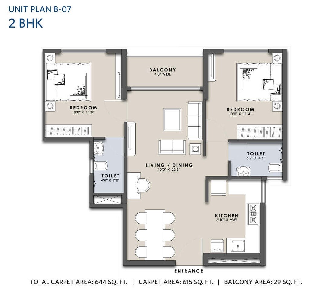Floor plan of 2 BHK 615 Sq. Ft. Apartment in Siddha Sky, Mumbai