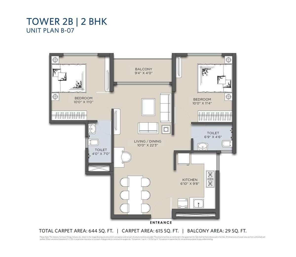 Floor plan of 2 BHK 644 Sq. Ft. Apartment in Siddha Sky, Mumbai