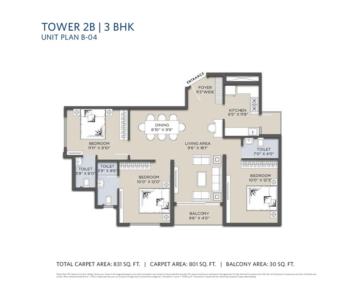 Floor plan of 3 BHK 831 Sq. Ft. Apartment in Siddha Sky, Mumbai