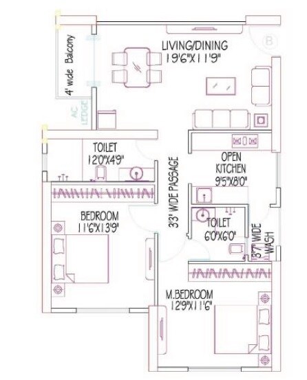Floor plan of 2 BHK 788 Sq. Ft. Apartment in Siddha Sky Phase 2, Mumbai
