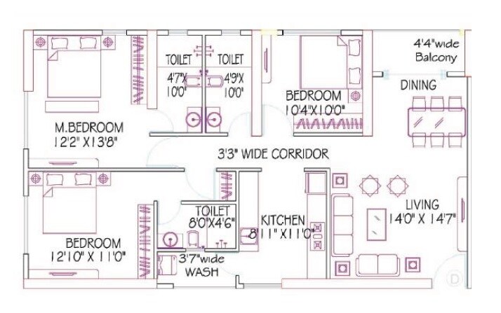 Floor plan of 3 BHK 1043 Sq. Ft. Apartment in Siddha Sky Phase 2, Mumbai