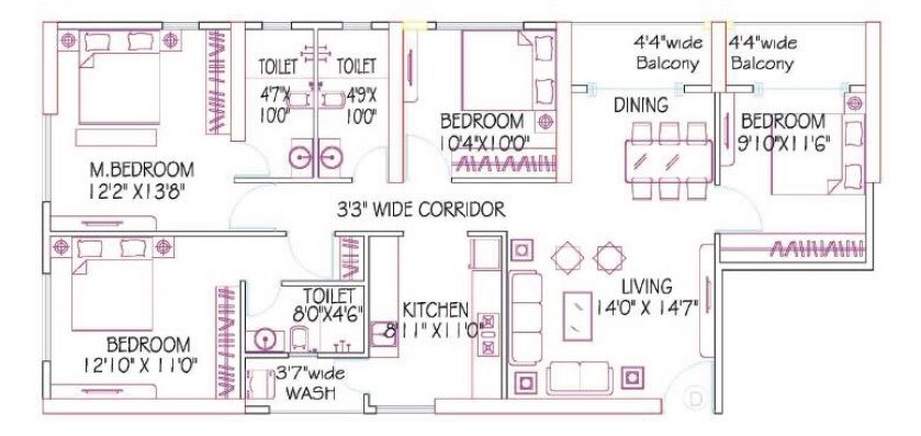 Floor plan of 4 BHK 1160 Sq. Ft. Apartment in Siddha Sky Phase 2, Mumbai