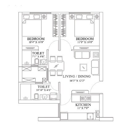 Floor plan of 2 BHK 644 Sq. Ft. Apartment in Siddha Sky Phase 4, Mumbai
