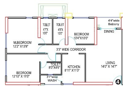 Floor plan of 3 BHK 1043 Sq. Ft. Apartment in Siddha Sky Phase 4, Mumbai