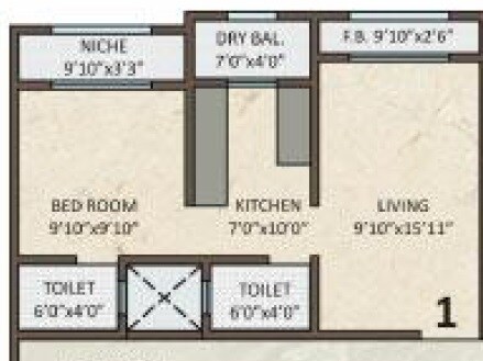 Floor plan of 1 BHK 337 Sq. Ft. Apartment in Siddharth Enclave Mumbai, Mumbai