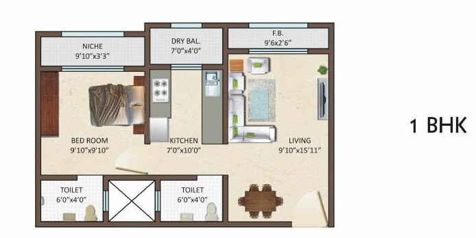 Floor plan of 1 BHK 366 Sq. Ft. Apartment in Siddharth Enclave Mumbai, Mumbai