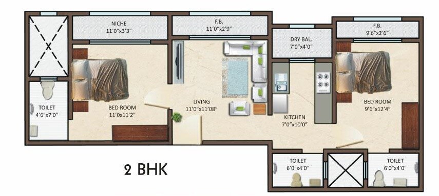 Floor plan of 2 BHK 525 Sq. Ft. Apartment in Siddharth Enclave Mumbai, Mumbai
