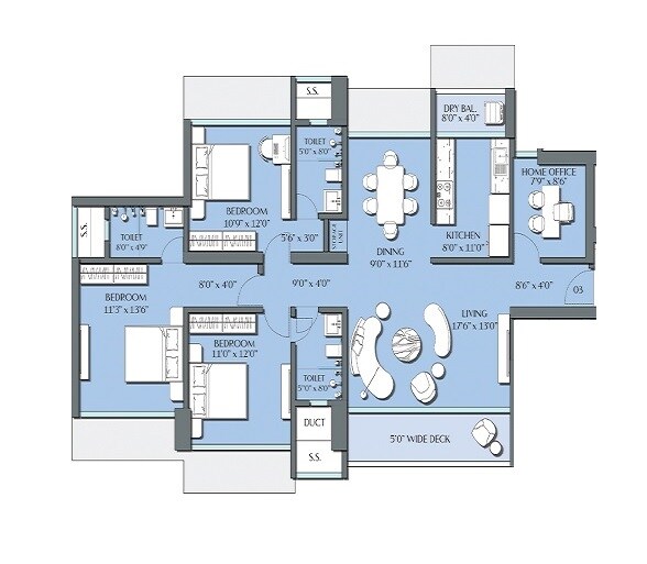 Floor plan of 3 BHK 1201 Sq. Ft. Apartment in Siddharth Windcrest, Mumbai