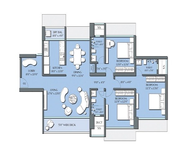 Floor plan of 3 BHK 1222 Sq. Ft. Apartment in Siddharth Windcrest, Mumbai