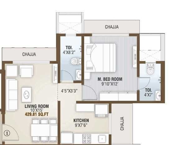 Floor plan of 1 BHK 430 Sq. Ft. Apartment in Siddheshwar Shivoham Enclave, Mumbai