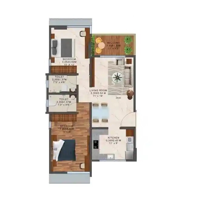 Floor plan of 2 BHK 743 Sq. Ft. Apartment in Siddhi Greens, Mumbai