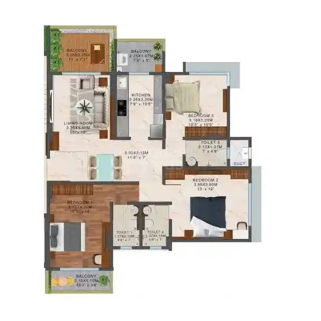 Floor plan of 3 BHK 876 Sq. Ft. Apartment in Siddhi Greens, Mumbai