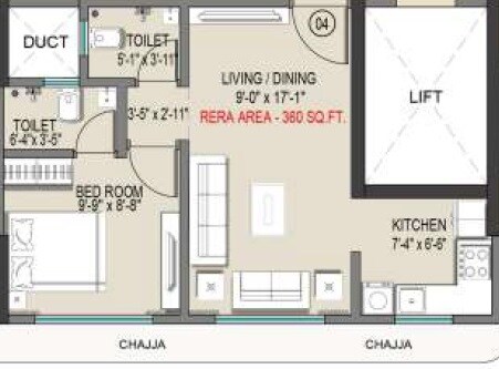 1 BHK 355 Sq. Ft. Apartment