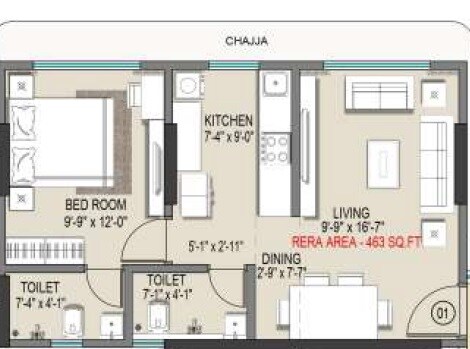 Floor plan of 1 BHK Apartment - 463 sq. ft. in Siddhivinayak Nirvana, Mumbai