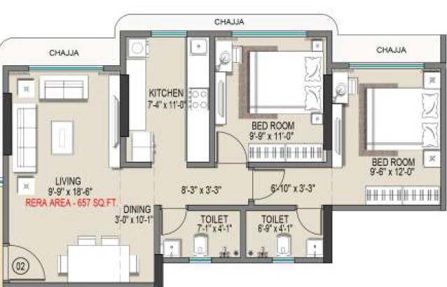 2 BHK 657 Sq. Ft. Apartment