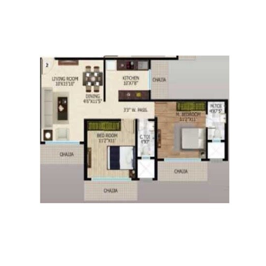 Floor plan of 2 BHK 636 Sq. Ft. Apartment in Siddhivinayak Rooprajat Enclave, Mumbai