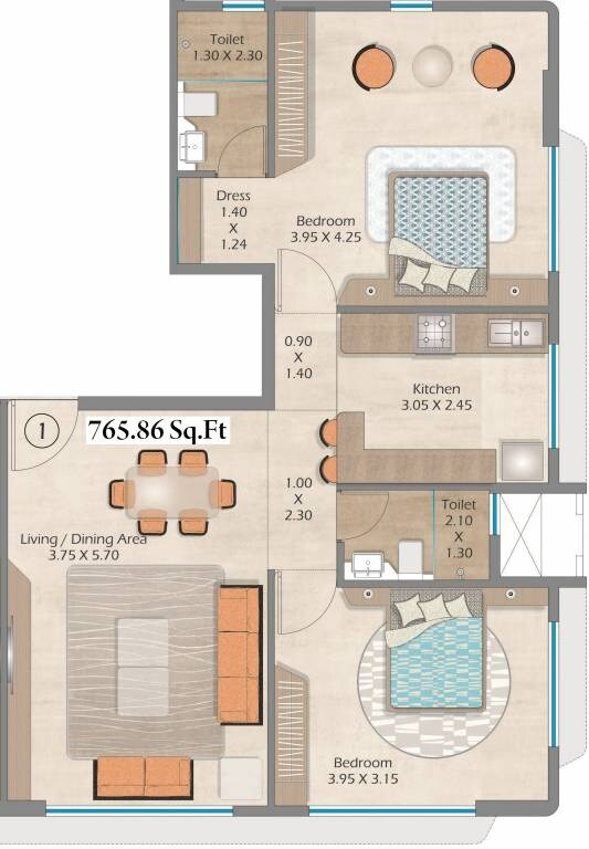 Floor plan of 2 BHK 766 Sq. Ft. Apartment in Siddhivinayak Shivam Heights, Mumbai