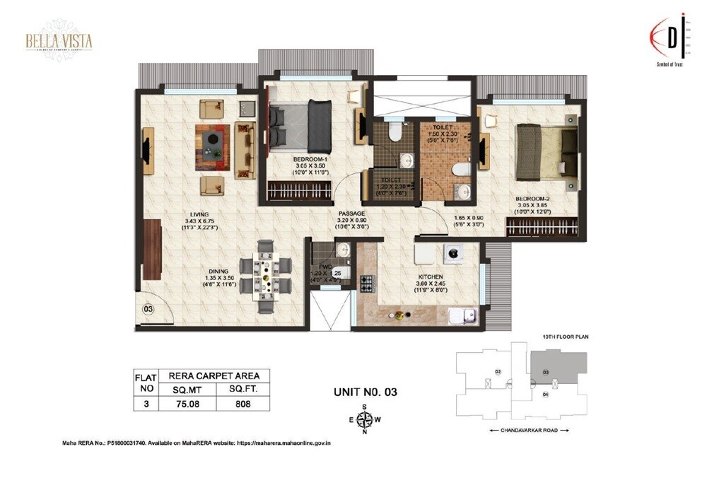 Floor plan of 2 BHK 808 Sq. Ft. Apartment in Sidharth Bella Vista, Mumbai