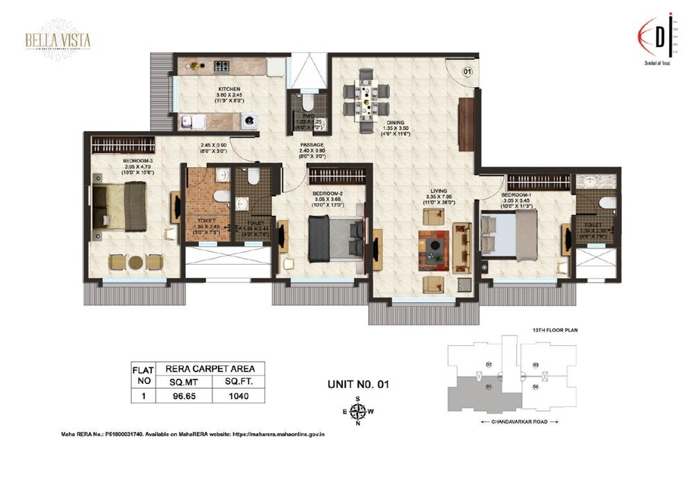 Floor plan of 3 BHK 1040 Sq. Ft. Apartment in Sidharth Bella Vista, Mumbai