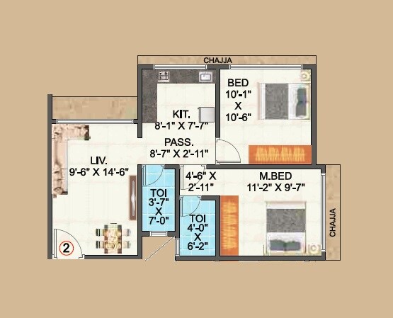 Floor plan of 2 BHK 563 Sq. Ft. Apartment in Sidhivinayak Orchid, Mumbai