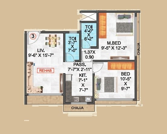 Floor plan of 2 BHK 782 Sq. Ft. Apartment in Sidhivinayak Orchid, Mumbai
