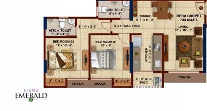 Floor plan of 2 BHK 733 Sq. Ft. Apartment in Sigma Emerald, Mumbai