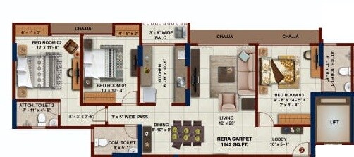 Floor plan of 3 BHK 1142 Sq. Ft. Apartment in Sigma Emerald, Mumbai