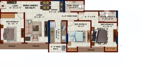 Floor plan of 3 BHK 943 Sq. Ft. Apartment in Sigma Emerald, Mumbai