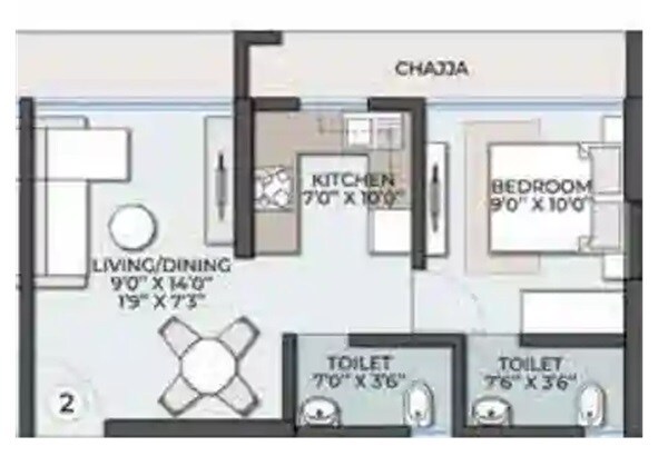 Floor plan of 1 BHK 374 Sq. Ft. Apartment in Sigma Jade, Mumbai
