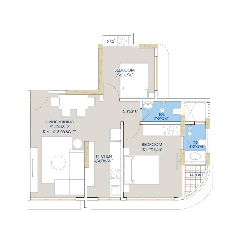2 BHK 618 Sq. Ft. Apartment