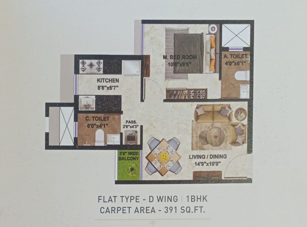 Floor plan of 1 BHK 400 Sq. Ft. Apartment in Sigma Solitaire, Mumbai