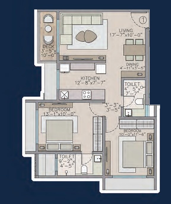 Floor plan of 2 BHK 694 Sq. Ft. Apartment in Silicon Avenue, Mumbai
