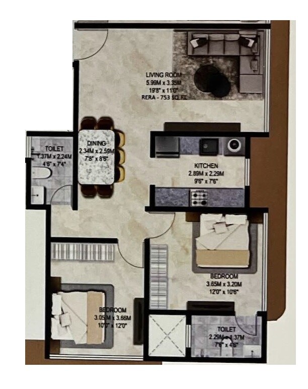 2 BHK 740 Sq. Ft. Apartment